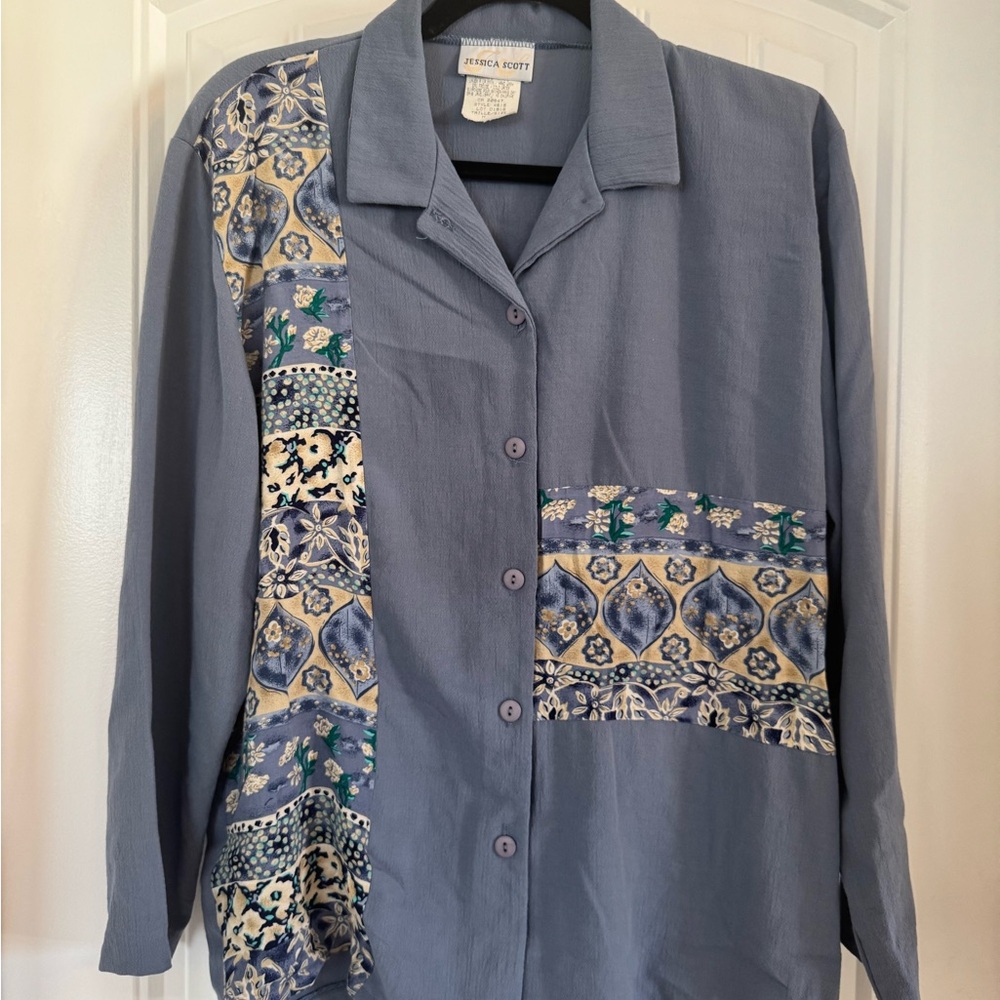 Vintage Blue Button-Up Shirt with Patterned Accents
